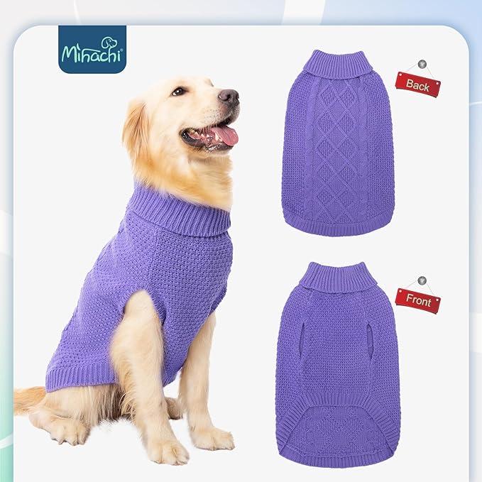 Mihachi Turtleneck Dog Sweater - Winter Coat Apparel Classic Cable Knit Clothes with Leash Hole for Cold Weather, Ideal Gift for Pet in New Year Light Purple ML