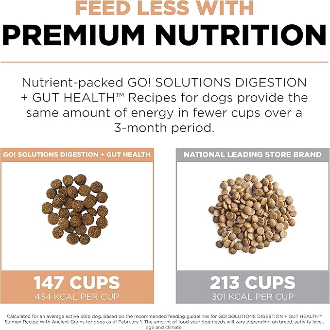 Go! Solutions Digestion + Gut Health, Dry Dog Food, Salmon Recipe with Ancient Grains, 3.5 lb Bag