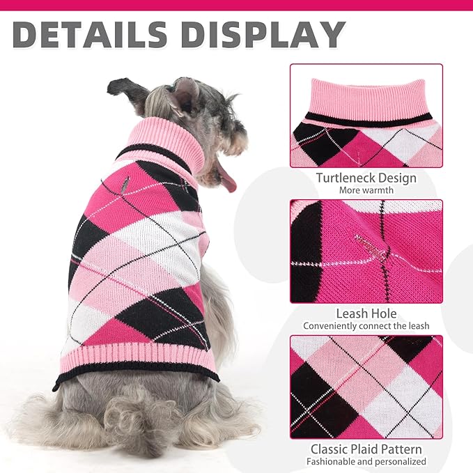 KOOLTAIL Dog Sweater for Small Dogs, Puppy Knitted Clothes - Classic Plaid Pullover Turtleneck Thick Warm Fall Cat Sweaters with Leash Hole, Dog Winter Clothes for Chihuahua Dachshund Girls Boys, XS