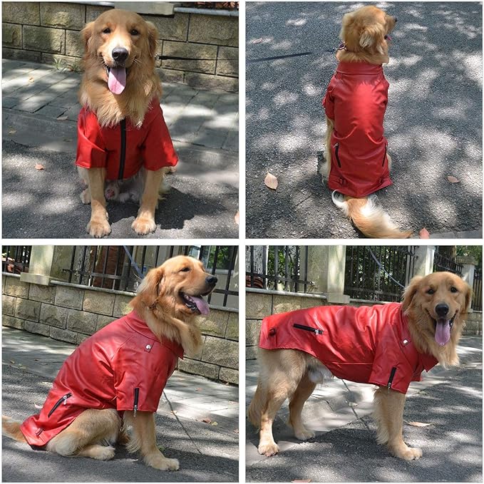 Lovelonglong Cool Dog Leather Jacket, Warm Coats Dogs Windproof Cold Weather Coats for Large Medium Small Dogs, Bichon Clothing Red XL