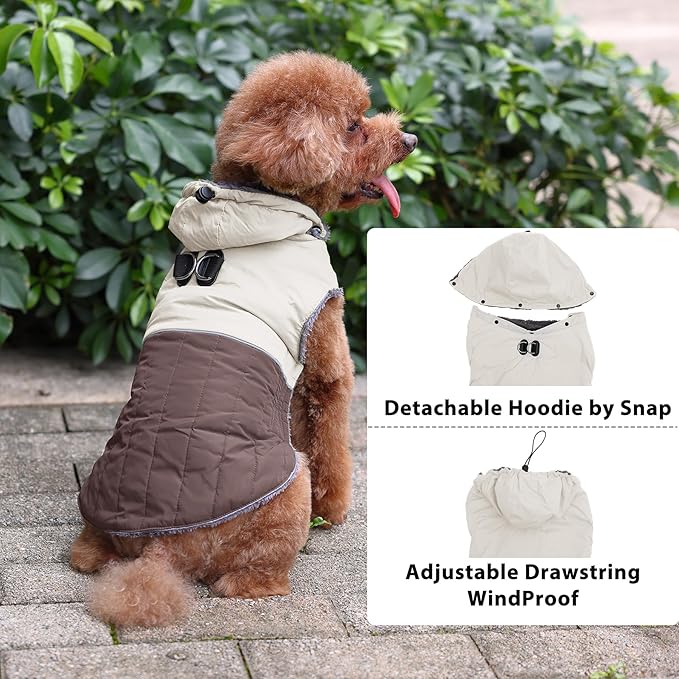 Detachable Hooded Dog Coat with Harness for Small Dogs,Super Warm Fleece Puppy Jacket for Cold Winter Doggie Coats,Brown XS