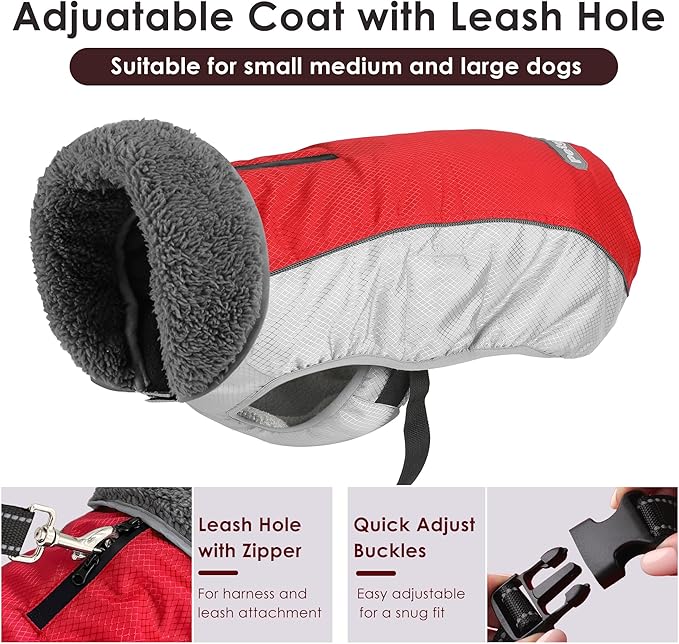 Dog Coat, Waterproof Ripstop Dog Winter Jacket with Leash Hole, Reflective Adjustable Warm Pet Fleece Snow Sweater for Small Medium Large Dogs - Red, M