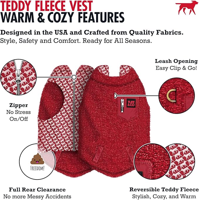 Tuff Pupper Reversible Fleece Sweater Vest for Dogs | Lightweight Comfortable Insulated Jacket | Front Zip Closure | Machine Washable | Built-in Leash Hole | Sizes for All Breeds (Large, Red)