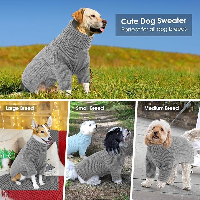 Queenmore XXL Dog Sweaters for Large Breeds, Large Dog Christmas Sweater, Soft & Warm Turtleneck Knitwear Pullover for Male/Female Pets, Winter Doggy Coat for Doberman/Pitbull/Great Dane - Grey, XXL