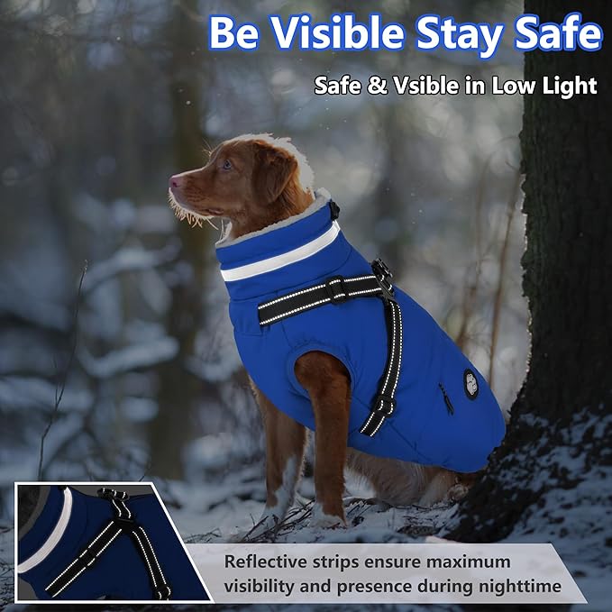 Dogcheer Dog Coat, Waterproof Dog Winter Jacket with Harness, Reflective Adjustable Doggy Cold Weather Coats, Christmas Pet Fleece Snowsuit for Small Medium Large Dogs - Blue, L