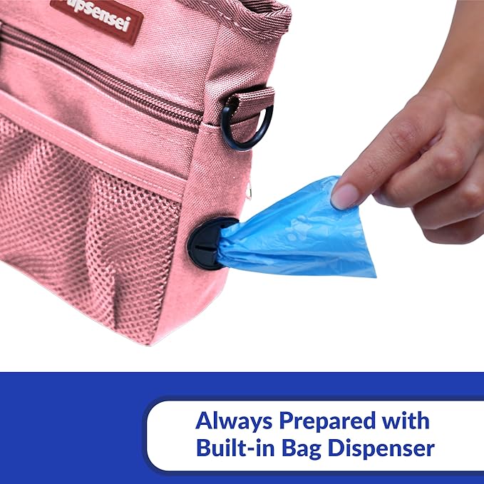 Dog Treat Pouch, Durable Oxford Polyester, No-Spill Magnetic Closure, Treat Pouches for Pet Training with Metal Clip, Waist Belt, Adjustable Strap, Poop Bag Dispenser (Light Pink)