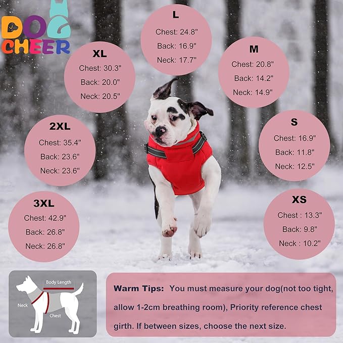Dogcheer Dog Coat with Harness, Waterproof Warm Dog Winter Jacket with Pockets, Reflective Pet Fleece Jacket Turtleneck Snowsuit for Small Medium Large Dogs - Red, XL