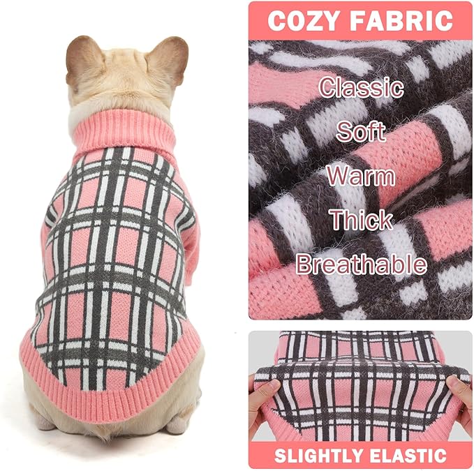 SCENEREAL Turtleneck Dog Sweater for Small Medium Large Dogs Girls Boys, Christmas Plaid Pullover Puppy Sweatershirt, Dogs Cold Weather Outfit Clothes, Ideal Gift for Pet in New Year, Pink Plaid M