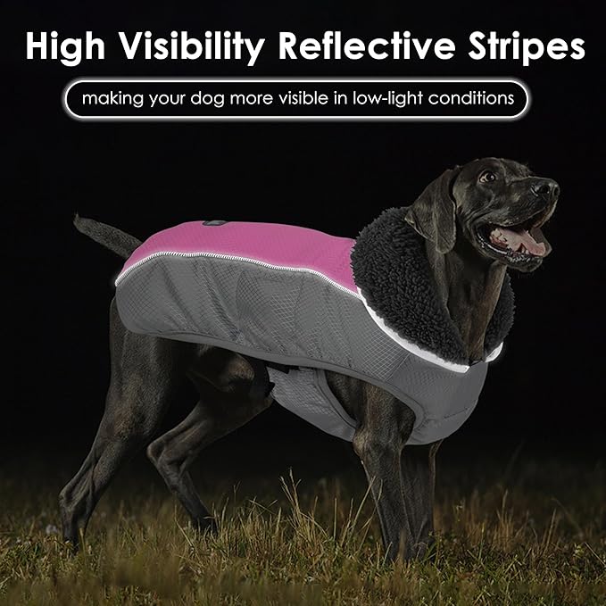 Dog Coat, Waterproof Ripstop Dog Winter Jacket with Leash Hole, Reflective Adjustable Warm Pet Fleece Snow Sweater for Small Medium Large Dogs - Pink, 2XL