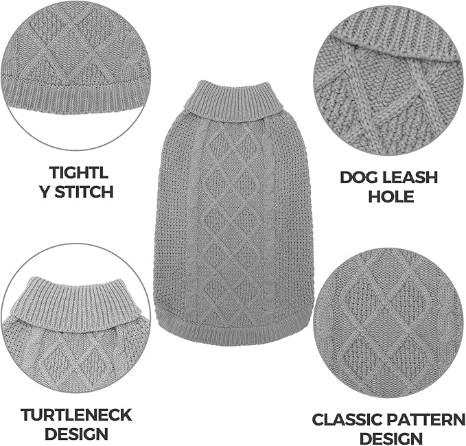 Mihachi Turtleneck Dog Sweater - Winter Coat Apparel Classic Cable Knit Clothes with Leash Hole for Cold Weather, Ideal Gift for Pet in New Year Grey M