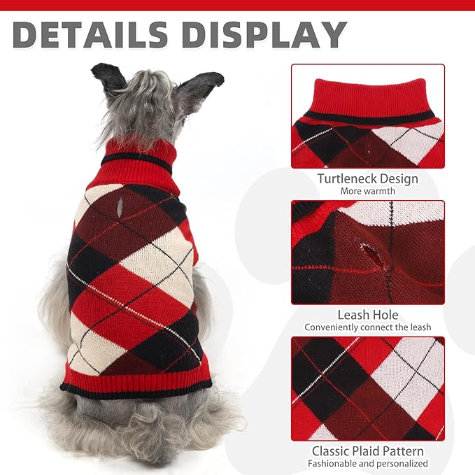 KOOLTAIL Dog Sweater Pet Knitted Clothes-Classic Plaid Pullover Turtleneck Red Fleece Dog Christmas Sweaters with Leash Hole, Thick Warm Dog Winter Clothes for Small Medium Large Dogs Cats Puppy, S