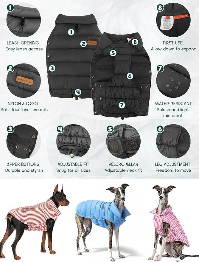 SPACE LION Dog Puffer Jacket, Down Winter Coat, Durable Outdoor Coat for Cold and Windy Conditions, Waterproof, Lightweight Jacket, Adjustable Fit for Small, Medium, Large Dogs(Onyx Black,22/XL+)