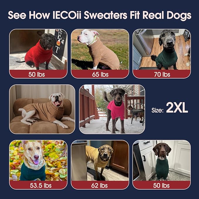 IECOii XXL Dog Sweater,Thermal Knit Big Dog Sweater Christmas,Pet Turtleneck Doggy Sweatshirt for Extra Large Dogs Boy Girl,Stretchy Large Dogs Cold Weather Outfit Pitbull Clothes,(Red,2XL)