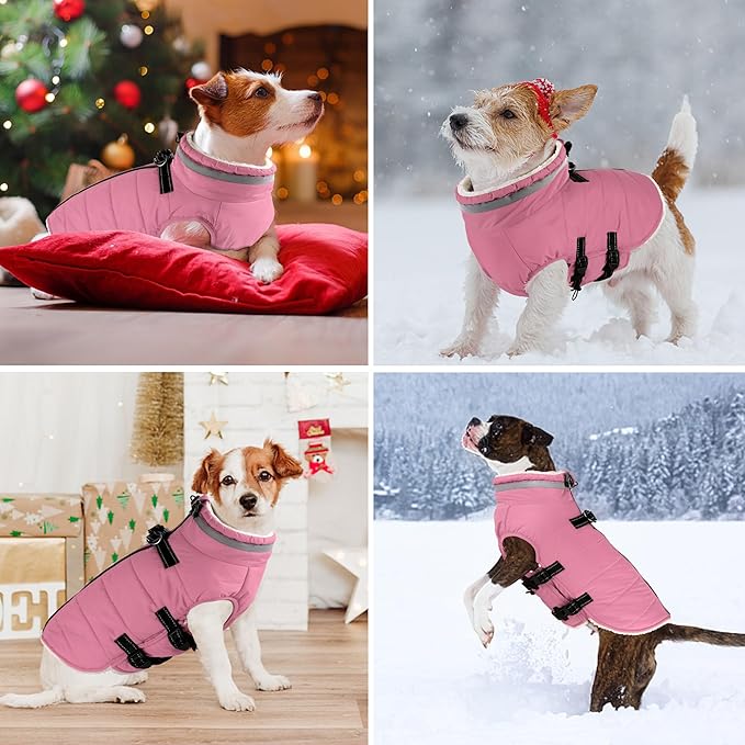 Dogcheer Dog Coat with Harness, Waterproof Dog Jacket Adjustable Winter Coat with Zipper, Christmas Puppy Snow Jacket Fleece Sweater for Small Medium Large Dogs - Light Pink L