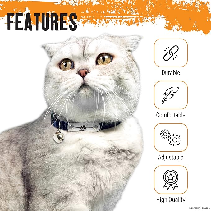 Naruto Breakaway Cat Collars for Girl & Boy Cats | Officially Licensed Naruto Shippuden Hidden Leaf Village Pet Accessories & Gifts, (8.5” to12”) Adjustable Cute Kitten Collar with Bell (Navy, Rogue)