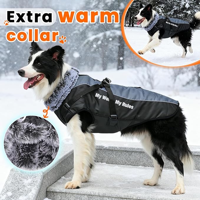 Dog Coat for Medium Large Dogs,Waterproof Reflective Dog Winter Jacket with Harness, Fleece Snowsuit,Warm Pet Winter Coat(grey-4XL)