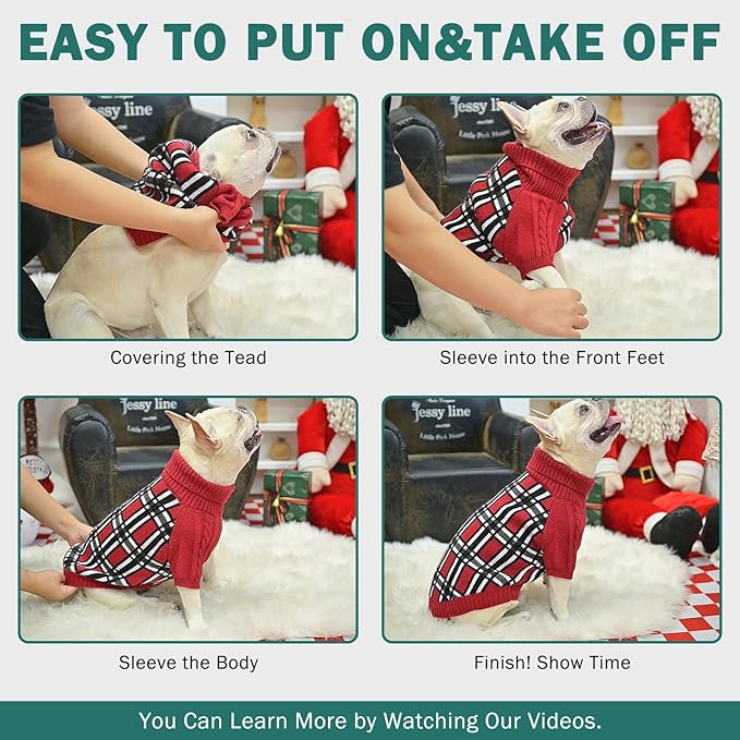 SCENEREAL Turtleneck Dog Sweater for Small Medium Large Dogs Girls Boys, Christmas Plaid Pullover Puppy Sweatershirt, Dogs Cold Weather Outfit Clothes, Ideal Gift for Pet in New Year, Green Plaid ML