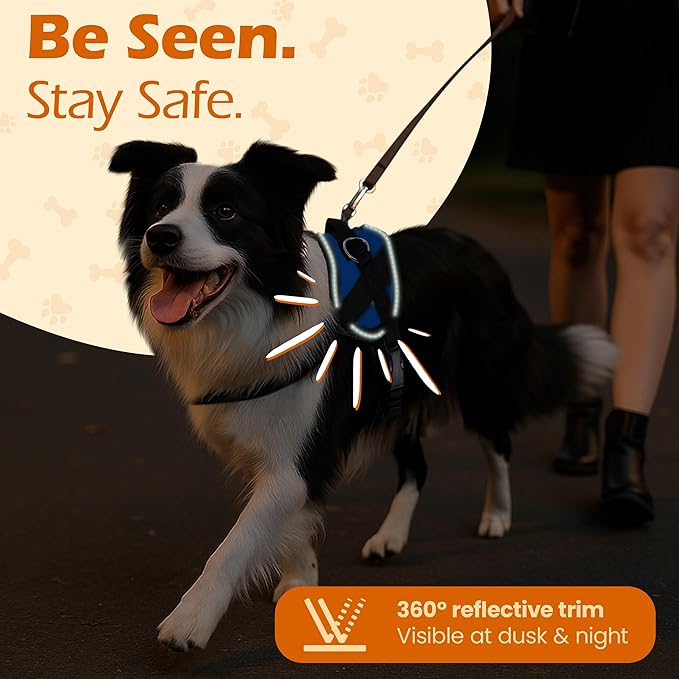 Bark Appeal Blue No-Pull Dog Harness for Medium to Large Sized Pets – Adjustable, Reflective Vest with 3 Leash Clips for Added Control, Easy Walks & Training – Large
