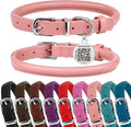 BRONZEDOG Rolled Leather Dog Collar for Small Medium Large Dogs with QR ID Tag (S: 12-14 Inch, Powder Pink)
