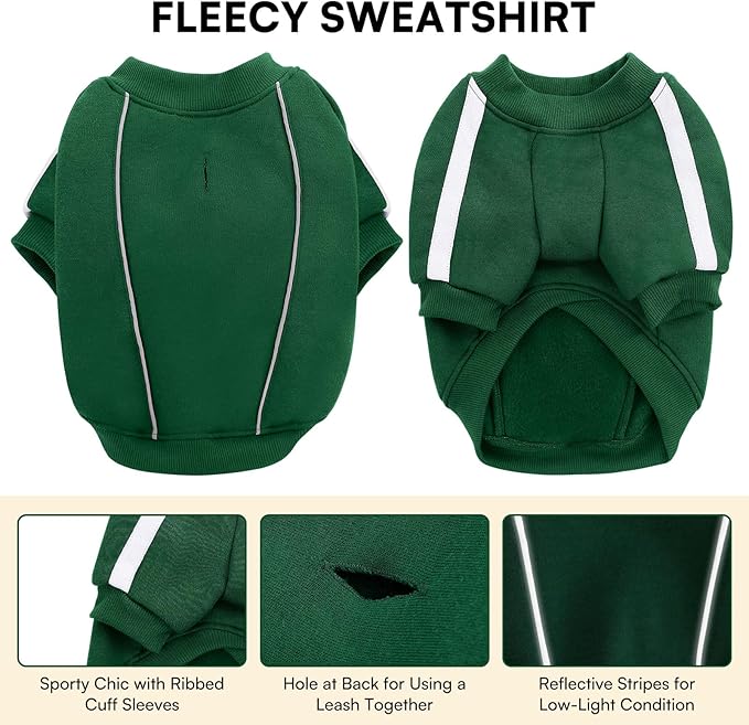 Queenmore XXL Christmas Dog Sweater, Cozy Fleece Dog Sweatshirt, Warm Winter Fleece Jacket for Small, Medium & Large Dogs with Leash Hole/Reflective Stripes Green