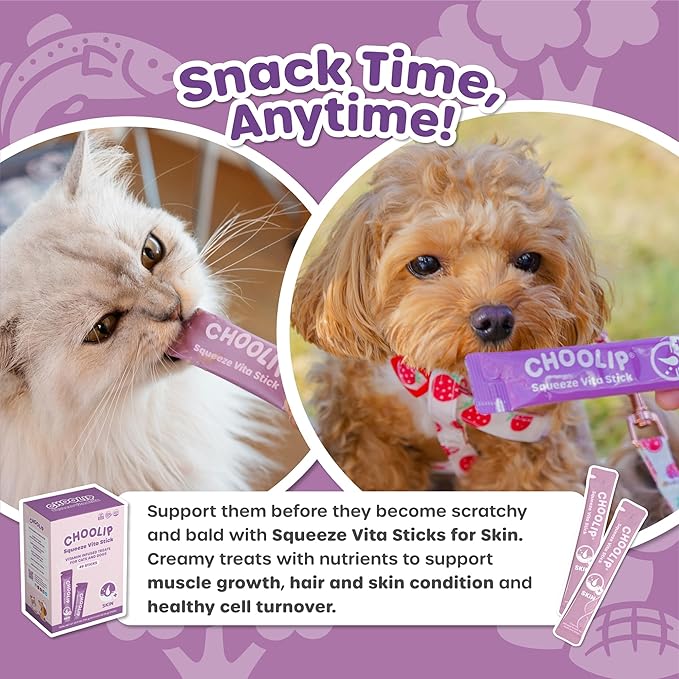 Choolip Squeeze Vita Stick Lickable Cat Treats & Dog Puree – 7-Count Skin & Coat Support Tubes, Creamy Grain-Free High-Protein Puree with Omega 3, Biotin & Vitamins for Healthy Fur & Skin
