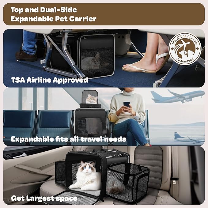 Top and 2 Sides Expandable Cat Carrier 17x11x11, TSA Airline Approved Dog Carriers for Medium Dogs, Soft-Sided Pet Carrier with Self-Locking Zippers for Kitten,Rabbit, Puppy, Guinea Pig Black White