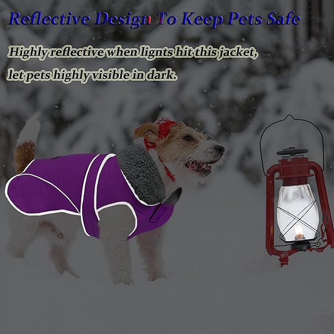 Dogcheer Dog Coat, Waterproof Dog Jacket Reflective Pet Winter Coat with Adjustable Hook & Loop, Christmas Puppy Fleece Jacket Warm Turtleneck Snowsuit for Small Medium Large Dogs - Purple, M