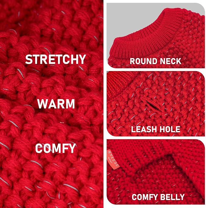 KYEESE Dog Christmas Sweater with Leash Hole for Small Dogs Male Warm Pullover with Reflective Yarn Soft Knit Pullover Boy Dog Coats Cozy Lightweight Thick Sweater Pet Indoor Outdoor Wear,Red,Small