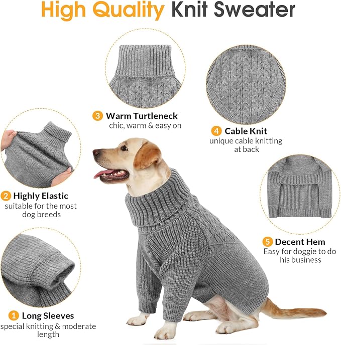 Queenmore Dog Sweater for Small Dogs, Ugly Christmas Pet Sweater, Cozy Knitted Dog Sweatshirt for Boy/Girl Puppy, Thermal Turtleneck Thick Jacket for Small Medium Large Canine - Grey, Size S