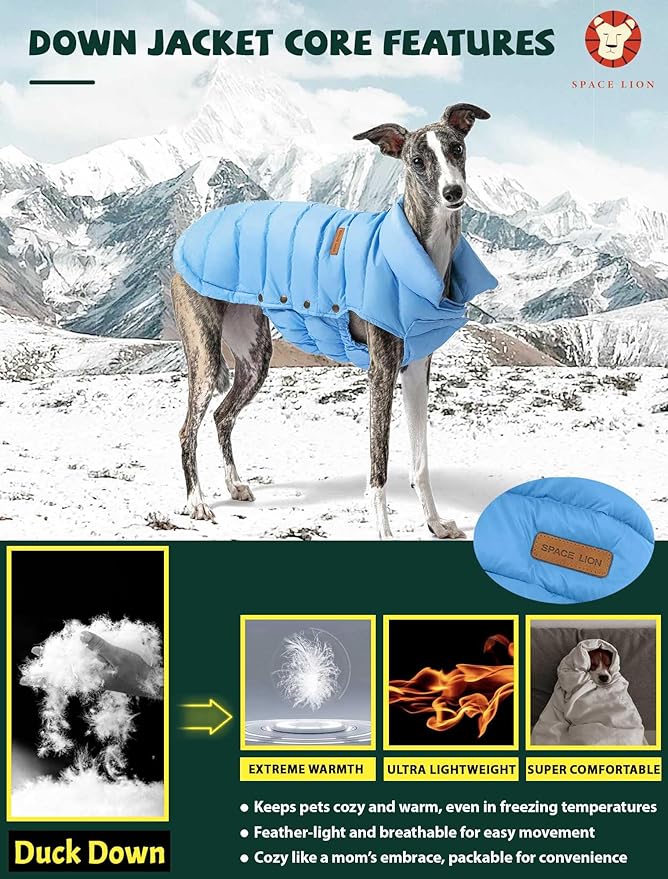 SPACE LION Dog Puffer Jacket, Down Winter Coat, Durable Outdoor Coat for Cold and Windy Conditions, Waterproof, Lightweight Jacket, Adjustable Fit for Small, Medium, Large Dogs(Blue,12/M)