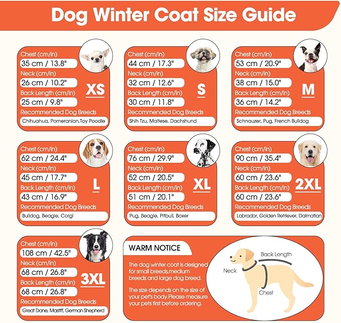BRKURLEG Dog Winter Jackets for Large Dogs, Dog Coat with Harness Built in, Dogs Snowsuits with Zipper, Waterproof Windproof Pet Puffer Jacket Fleece Vest for Labrador, Dalmatian, Orange XXL