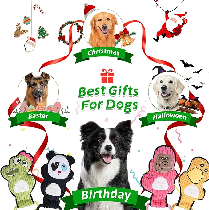 2-Pack Squeaky Dog Toys & Tough Tug of War Set - No Stuffing Chew-Resistant Plush Toys to Keep Them Busy, Best Birthday Gift for Small/Medium/Large Breeds (Ducks & Dino)
