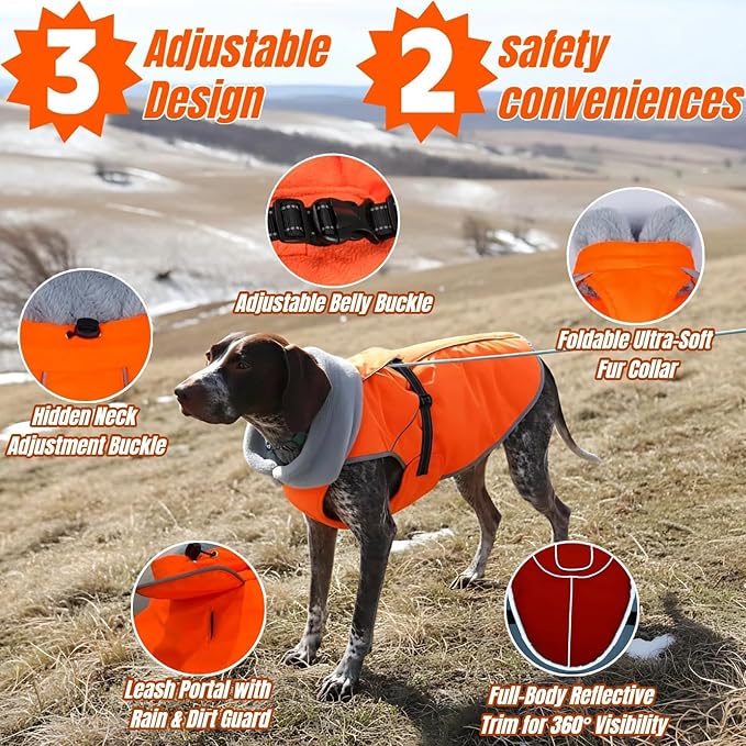 Insulated Relaxed Fit Dog Winter Coat with Full-Body Reflective Strip, Hard Shell Pet Jacket for Outdoor, Waterproof Coats for Large Dogs, Soft Fur Collar Jacket for Labrador Male Female(Orange, 2XL)