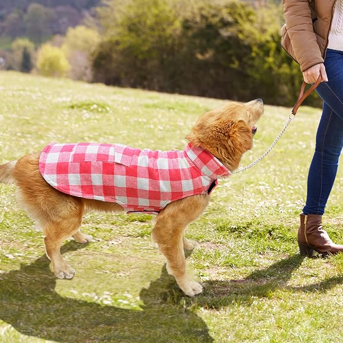 Malier Dog Coat, Classic Plaid Fleece, Windproof Warm Winter Jacket with Pocket, X-Small, Pink