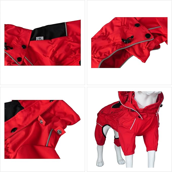LOVELONGLONG Waterproof Dog Raincoat with Removable Hood – Outdoor Full Body Dog Jacket, Windproof Snowproof Shell Suit – All Season Pet Rain Gear Red M