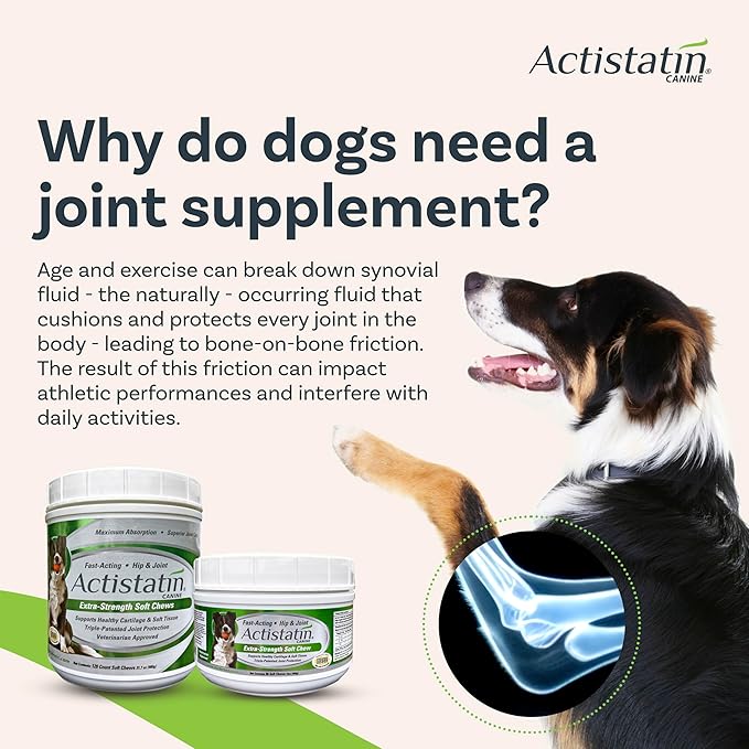 Actistatin Canine Large Dog Soft Chews, 60ct – Patented Extra-Strength Joint, Cartilage, Soft Tissue Supplement: Glucosamine, Chondroitin, Manganese, MSM, L-Carnitine – High Absorption, Fast Results