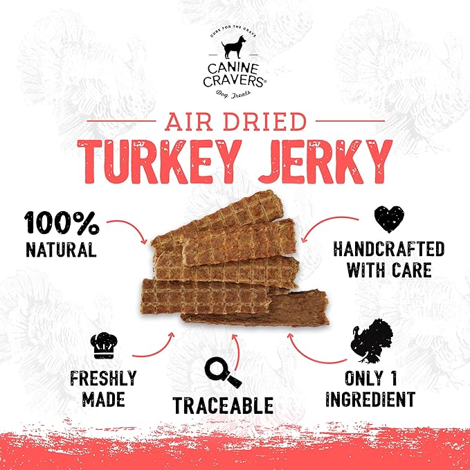 Canine Cravers Single Ingredient Dog Treats – Pure Turkey Jerky - Human Grade Air Dried Hypoallergenic Pet Food – Grain, Gluten, and Soy Free – 100% All Natural – 5.3 oz