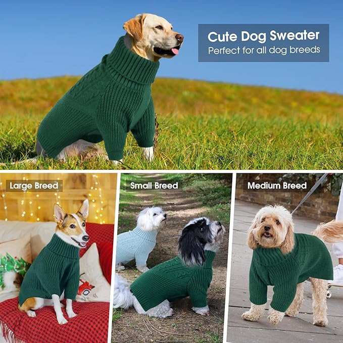 Queenmore XL Dog Sweater, Large Dog Sweaters for Dogs Girl or Boy, Extra Large Dog Christmas Sweater, Winter Big Dog Sweatshirt Knitwear, Pet Chunky Warm Coat for Small Medium Size Dogs, Green XL