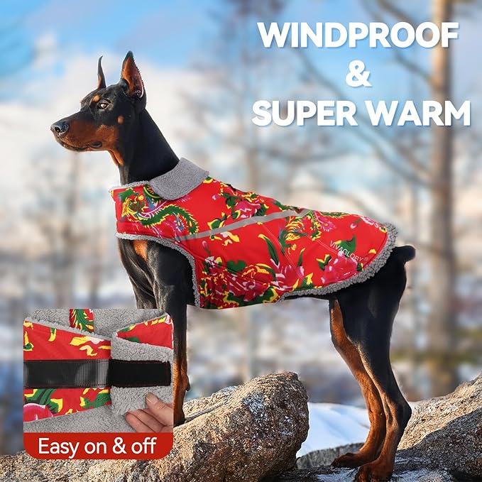 VIVAGLORY Snowrap Dog Coat, Jacket with Harness Hole & Velcro Closure, Dog Coat for Winter & Cold Weather, Fluffy Warm Fleece Lined Reflective Water Resistant for Puppy, M, Northeast Florals-Red