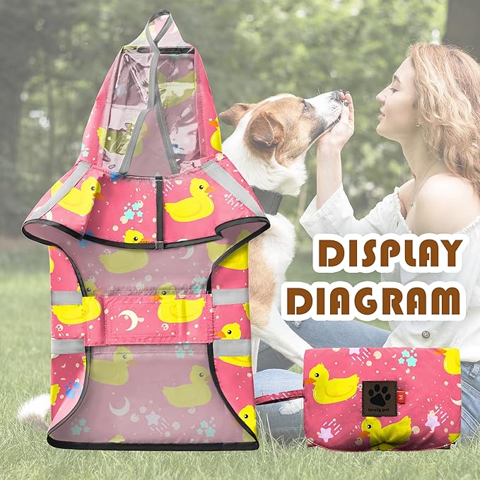 Dog Raincoat, Adjustable Rain Jacket with Hooded Double Layer for Large Medium Small Dogs Puppies, Lightweight Waterproof Rain Coat Poncho with Reflective Stripe Duck Pink,XL