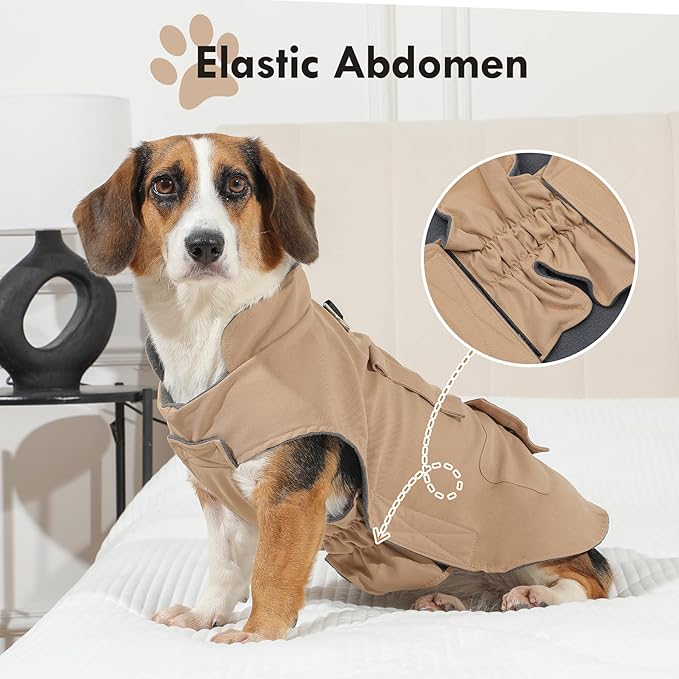 Workwear Style Dog Coats with Harness Built in for Small Dogs Windproof Warm Puppy Jacket with Storage Pockets for Cold Winter,LightBeige L