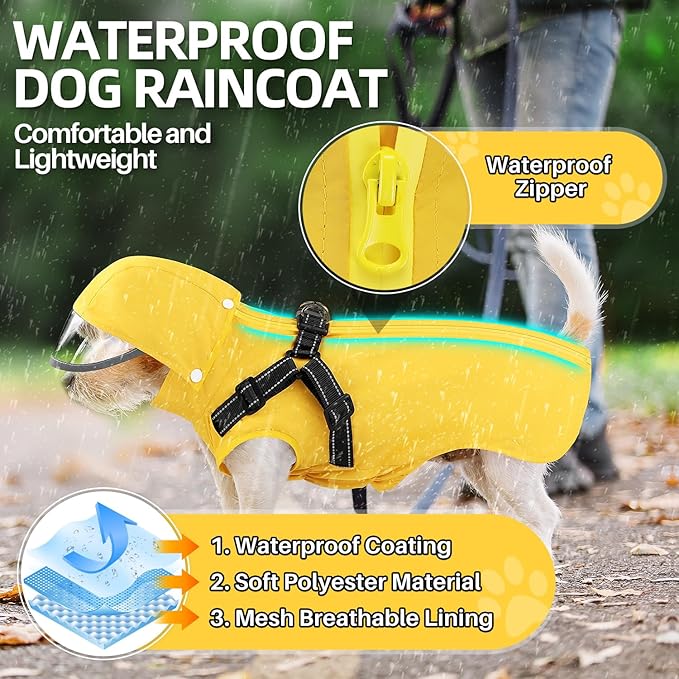 Lukovee Dog Raincoat - Waterproof Rain Jacket with Harness & Removable Hood, Reflective Double Layer Dog Rain Coat Poncho for Small Medium Large Dogs Puppy (L, Yellow)