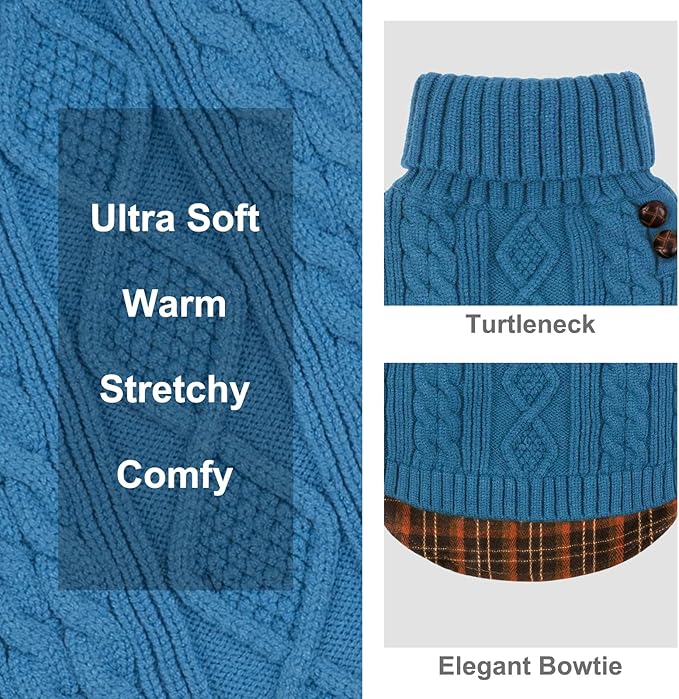 KYEESE Dog Sweater Stretchy Knitwear Cat Clothes with Gingham Patchwork Comfy Pet Coat for Fall Winter Cold Weather Soft Pullover Dog Sweaters for Small Dogs Male Warm Turtleneck Small Dogs Sweater
