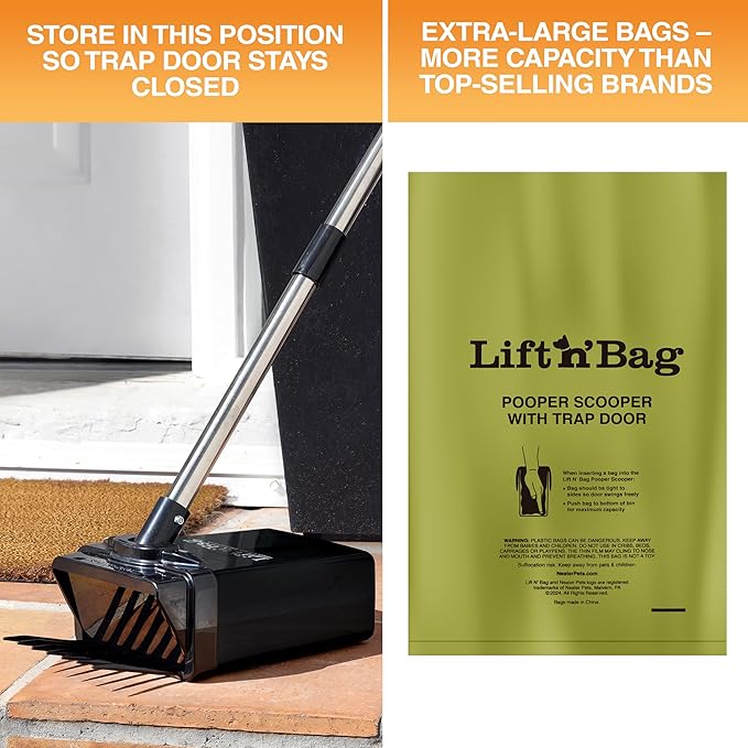 Neater Pet Brands Lift N’ Bag 2.0 Dog Pooper Scooper with Bag Attachment & 27" Pole for Small to Large Dogs, New & Improved Design, 15 Refill Bags, Heavy Duty Dog Poop Scooper for Yard, One-Hand Use