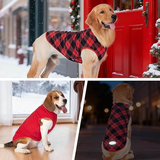 cyeollo 2 Pack Small Fleece Dog Sweater, Stretchy Pullover Soft Dog Jacket with Reflective Stripe Female & Male Sweatshirt Pet Clothes Coats for Small Dogs Boy & Girl, Red & Buffalo Plaid L