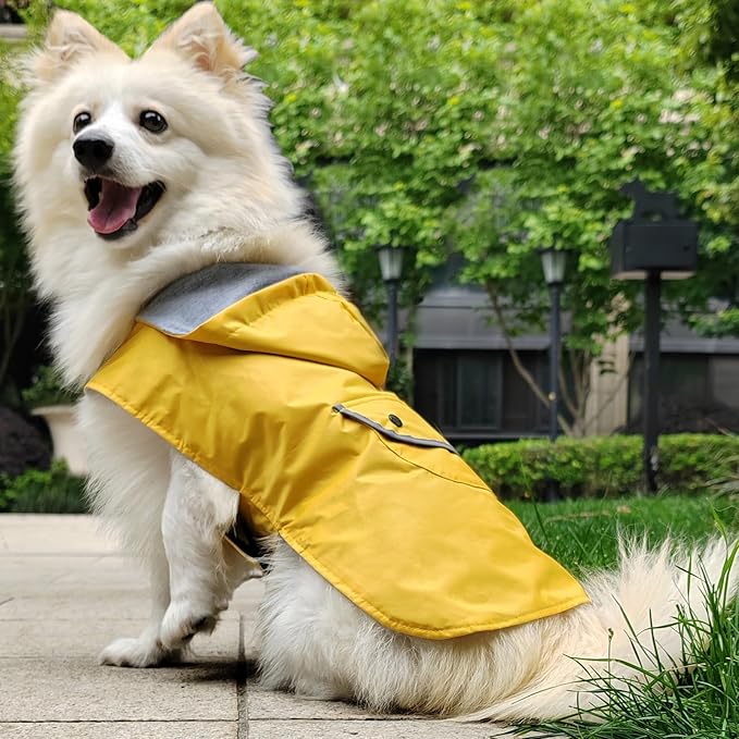Dog Raincoat Dogs Rain Jacket Reflective Poncho Rainwear Waterproof Pet Clothes Warm Lined Pocket Hooded Leash Hole Adjustable for Puppy Small Dogs,Yellow,M,Back Length 10.0 Inch
