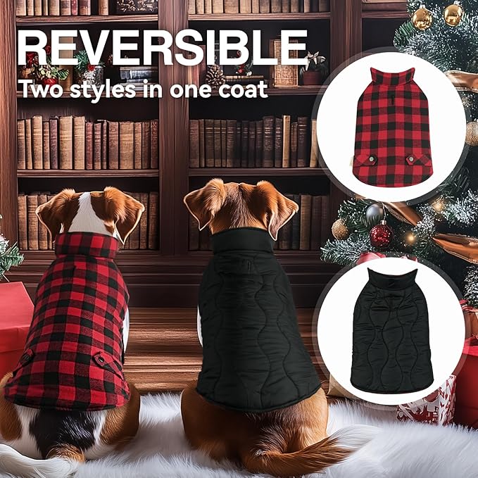 VIVAGLORY Softjoy Dog Coat, Dog Jacket for Winter & Christmas, Coat with Harness Hole & Velcro Closure, Reversible Plaid Checkered Warm Fluffy Heavy Duty for Puppy, M, Red Black