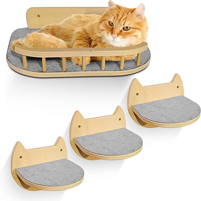 Cat Wall Shelves with 3 Steps – Modern Mounted Cat Wall Furniture & Shelf, Premium Hardwood Cat Bed for Climbing, Sleeping & Lounging, Indoor Hammock for Large Cats