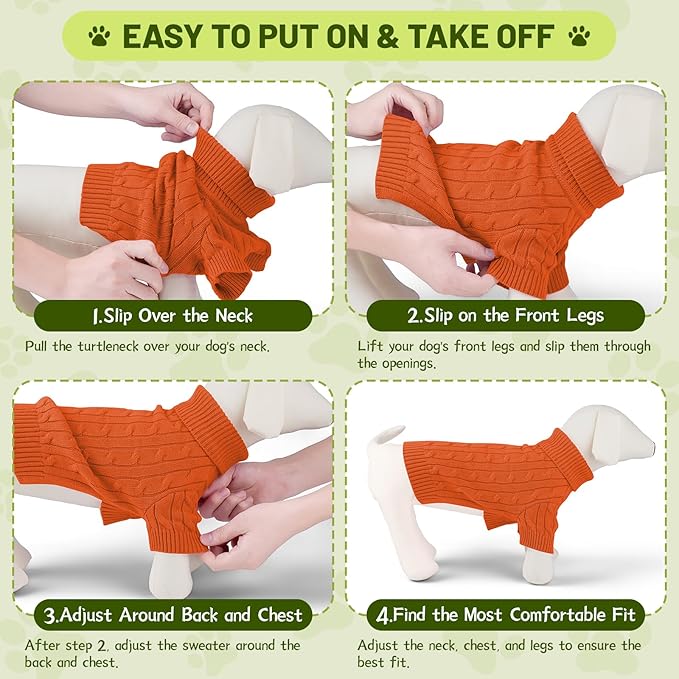 Small Dog Thermal Pullover Sweater, Classic Turtleneck Cable Knitwear Dog Clothes for Cold Weather Warm Pet Clothes for Chihuahua, Bulldog, Dachshund, Pug Orange Small