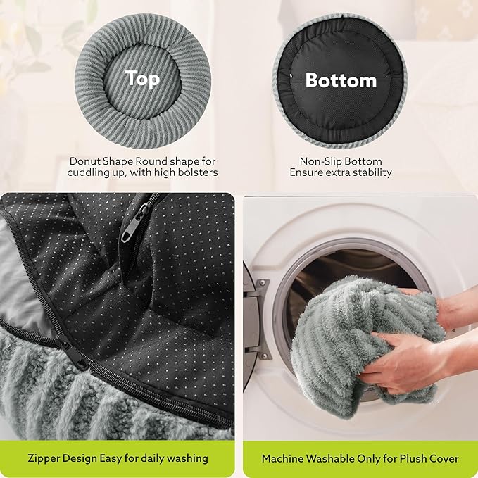 MIXJOY Dog Beds for Small Dogs, Washable Dog Bed with Removable Cover, Small Cat Bed for Indoor Cats, Calming Soft Dount Pet Beds with Anti Slip Bottom, Cute Puppy Beds, 23"x23"x8", Grey